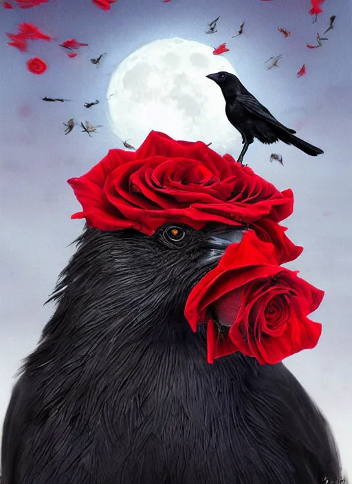 Image similar to portrait, A crow with red eyes in front of the full big moon, book cover, red roses, red white black colors, establishing shot, extremly high detail, foto realistic, cinematic lighting, by Yoshitaka Amano, Ruan Jia, Kentaro Miura, Artgerm, post processed, concept art, artstation, raphael lacoste, alex ross, portrait, A crow with red eyes in front of the full big moon, book cover, red roses, red white black colors, establishing shot, extremly high detail, foto realistic, cinematic lighting, by Yoshitaka Amano, Ruan Jia, Kentaro Miura, Artgerm, post processed, concept art, artstation, raphael lacoste, alex ross