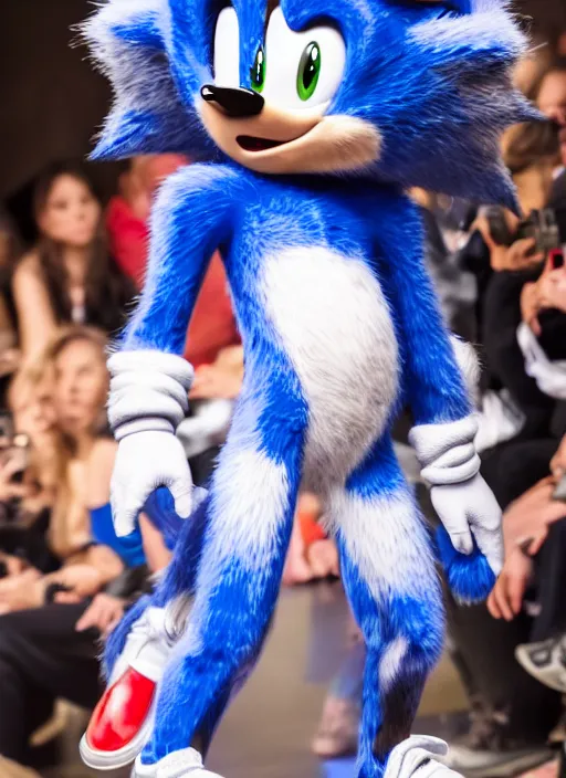 Image similar to hyperrealistic and heavy detailed moncler runway show of sonic the hedgehog, leica sl 2 5 0 mm, vivid color, high quality, high textured, real life