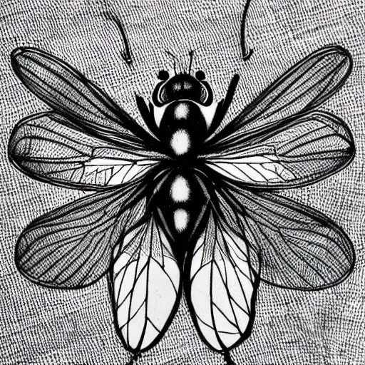 Image similar to horse fly, black and white, botanical illustration, black ink on white paper, bold lines