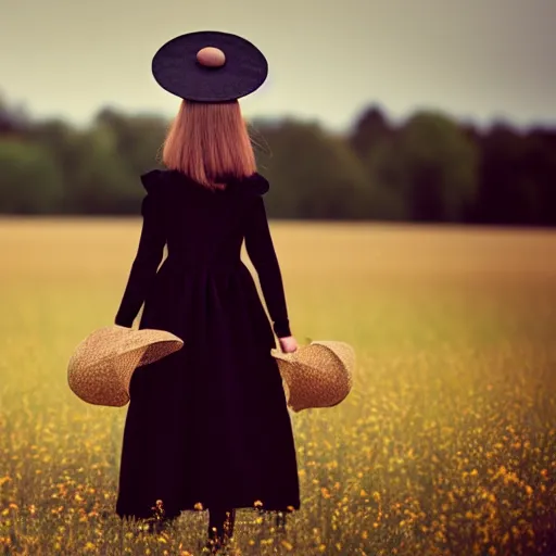 Prompt: a girl standing in a field, alone, wearing black dress and hat, doll in hand, detailed hands, by andrea kowch, dark, scene, magic realism, flowers, perspective