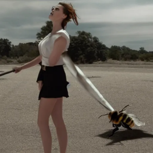 Image similar to ' amber heard'stepping on a bee, cinematic scene, clean composition, 8 mm