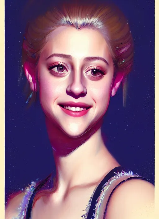 Image similar to portrait of lili reinhart with fluffy bangs, smiling kindly, bangs, 1 9 6 0 s, ponytail, fluffy bangs and ponytail, intricate, elegant, glowing lights, highly detailed, digital painting, artstation, concept art, smooth, sharp focus, illustration, art by wlop, mars ravelo and greg rutkowski