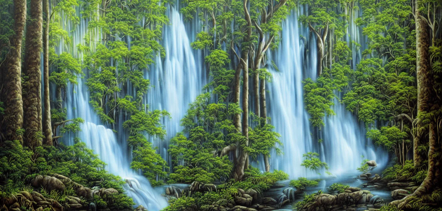 Image similar to a painting of a waterfall in a forest, an airbrush painting by terry redlin, deviantart, metaphysical painting, airbrush art, detailed painting, oil on canvas