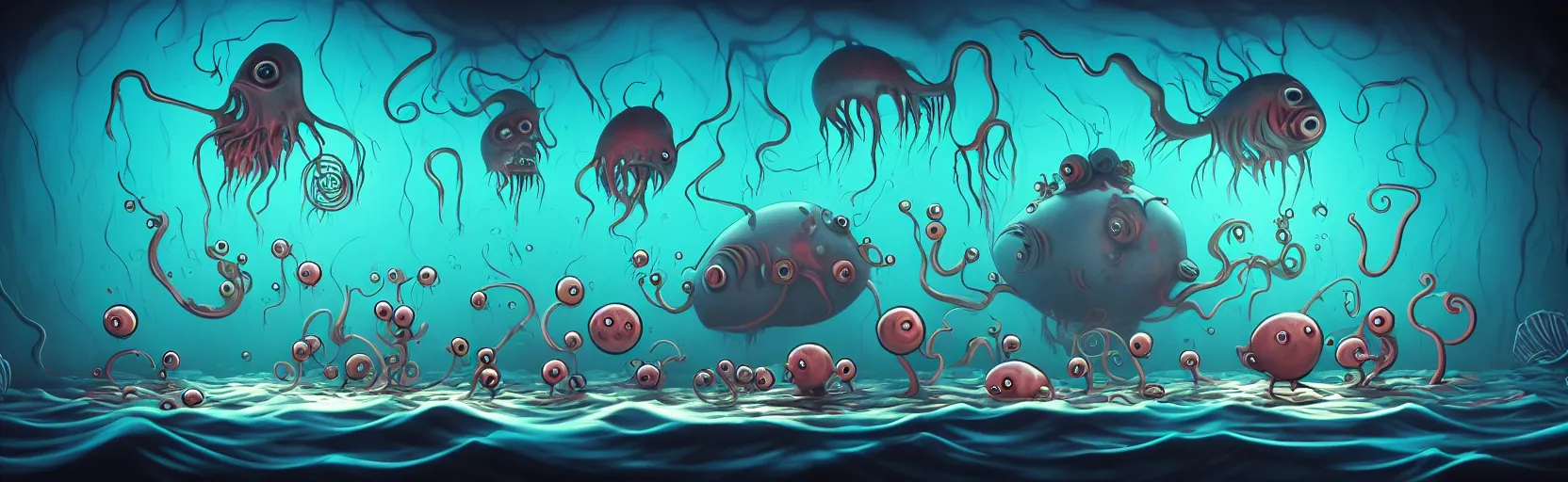 Prompt: wild whimsical watery mutants from the depths of deep sea of the unconscious, dramatic lighting, surreal fleischer cartoon characters, shallow dof, surreal painting by ronny khalil