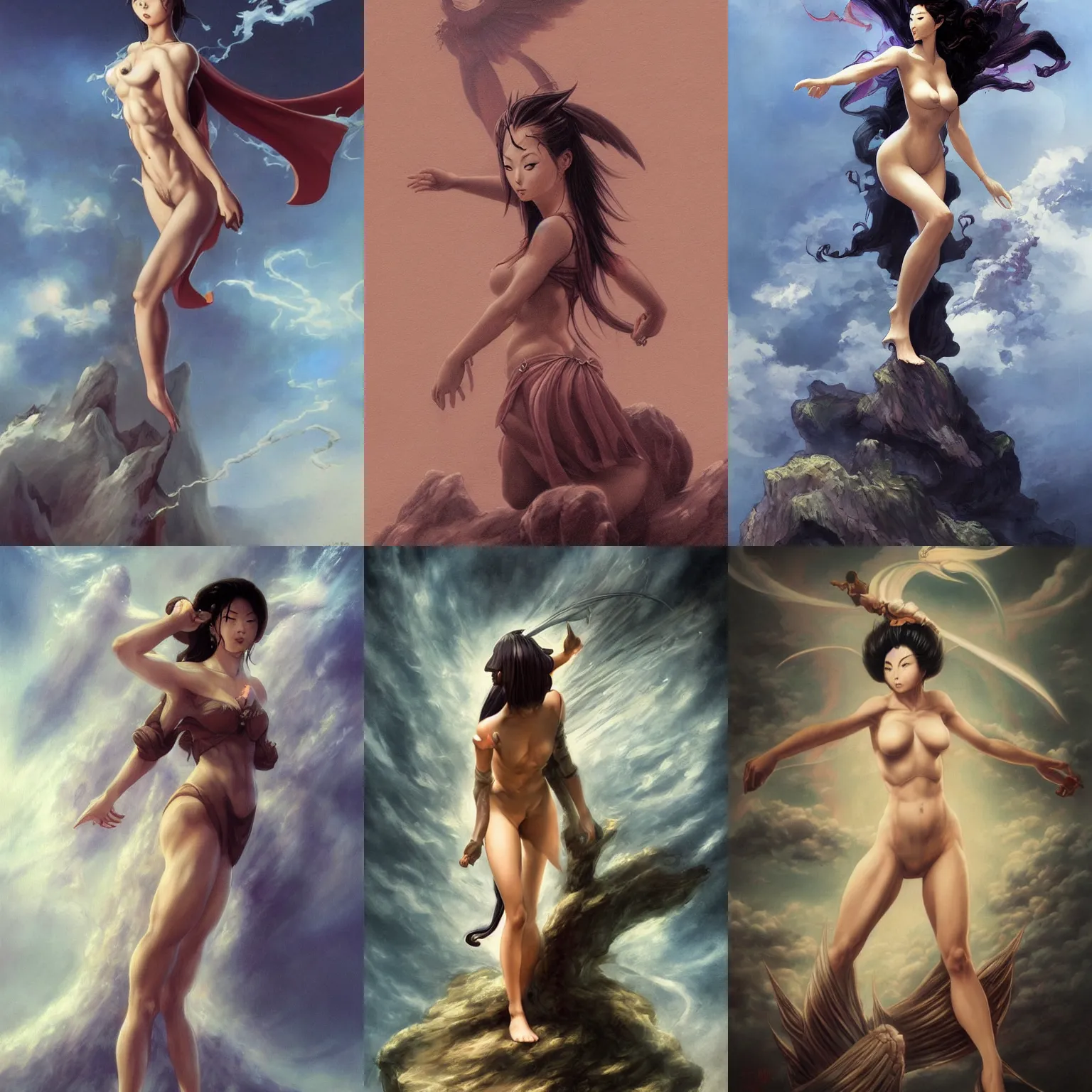 Prompt: a beautiful Japanese female wizard standing on a cloud, style of Boris Vallejo and Frank Frazetta, hyper realistic, very detailed, fantasy art, matte painting, trending on artstation and deviantart