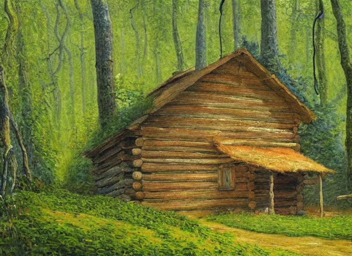 Image similar to impressionistic painting of log cabin on a hill in the woods, the cabin is overgrown with lush vines and moss, painted by johfra bosschart, featured on artstation, plein air, artstation hd, painterly
