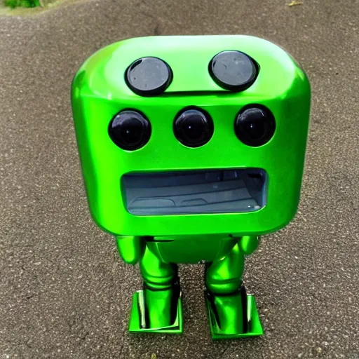 Prompt: real life photo of a shiny little green robot smiling