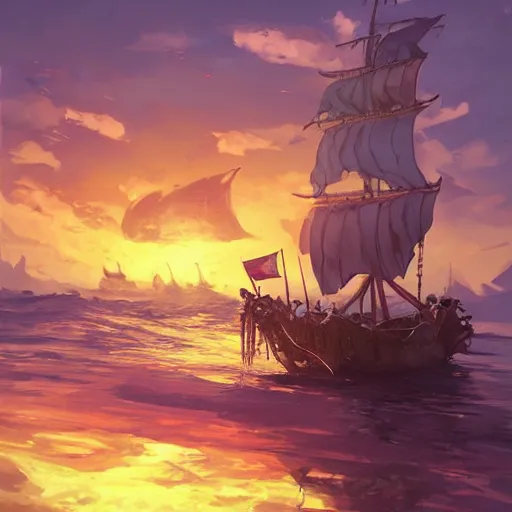 Image similar to two large pirates ship floating on top of a body of water at sunset, fighting each other, pirates flag , cgsociety, fantasy art, 2d game art, concept art , ambient occlusion, bokeh, behance hd , concept art by Jesper Ejsing, by RHADS, Makoto Shinkai Cyril Rolando
