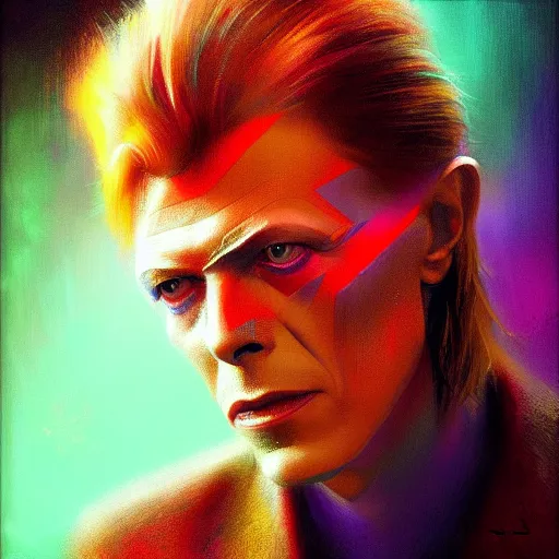 Image similar to beautiful portrait of David Bowie by Renato Muccillo, colorful and vivid lights, highly detailed, digital painting, artstation, concept art, smooth, sharp focus