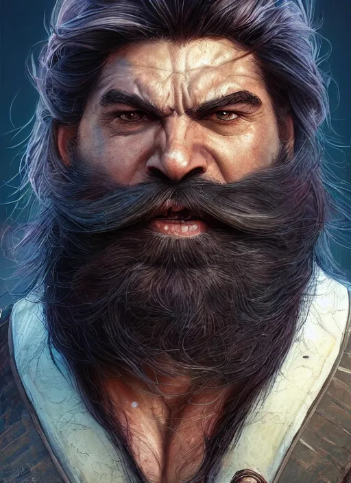 Prompt: portrait of a hulky herculean well groomed ork with flowing long deep violet hair, epic beard, style of assassin's creed, intricate, elegant, highly detailed, digital painting, artstation, concept art, smooth, sharp focus, illustration, art by artgerm and greg rutkowski, josh kirby and wayne barlowe, 8 k