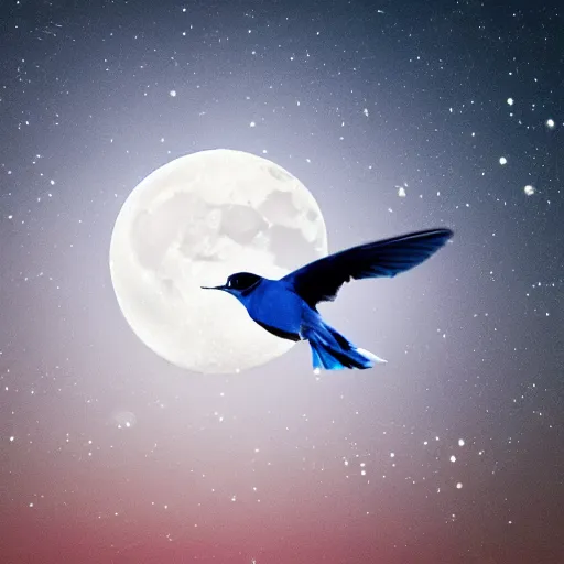 Prompt: a photo of a blue bird flying in space past the moon