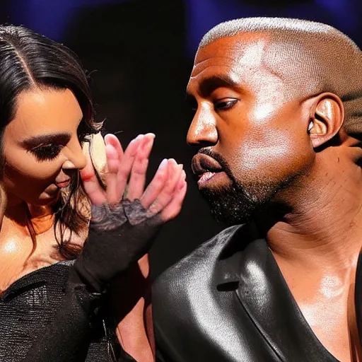 Prompt: kanye and kim eating spiders