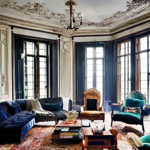 Prompt: a living room filled with furniture and lots of windows, featured on pexels, maximalist, hall of mirrors