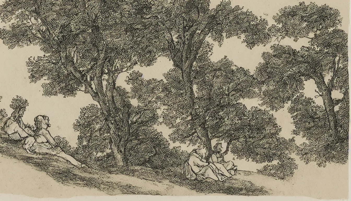 Image similar to two people sit together on a hill while wind blows in the trees, yellowed paper, pen and ink, 1 5 0 0 s, 8 k resolution