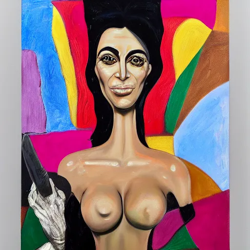 Image similar to grotesque portrait of kim kardashian painted by george condo, intricate, abstract, dark, highly detailed, oil on canvas, terrifying, brilliantly colored, 8 k