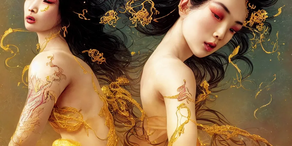 Prompt: asian nymph bald goddess, flowing golden silk twisting with whiten tattoos of cursive sigils on her opalescent skin, fantasy, intricate, very beautiful, elegant, golden light, highly detailed, art by huang guangjian and ail elvgren and sachin teng