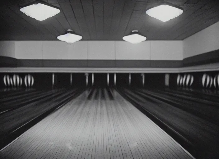 Prompt: a 35mm photograph of an empty bowling alley in the 1950's, bokeh, Canon 50mm, cinematic lighting, photography, retro, film, Kodachrome