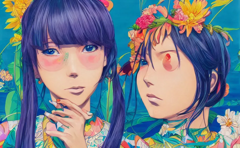 Prompt: beautiful anime painting of sunny hiphop solarpunk summertime chill, by martine johanna, njideka akunyili crosby, rossdraws. trending on artstation, 8 k, masterpiece, graffiti paint, fine detail, full of color, intricate detail, golden ratio illustration