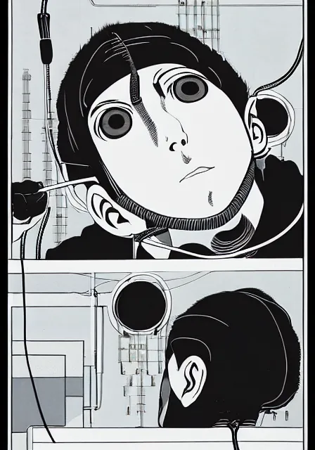 Image similar to wires, factory worker with pleasure - generating electrode in the head, by amano yoshitaka, 8 k hd, factoryjunji ito