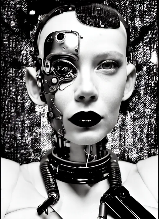 Prompt: a female cyborg made of cracked glass, vogue, glamour shot, portrait, ilford hp 5, f / 2. 8, cyberpunk, gutter punk, high contrast, 1 6 k, lonely, perfectionism, cinematic lighting, insanely detailed and intricate, hypermaximalist, elegant, ornate, hyper realistic, super detailed