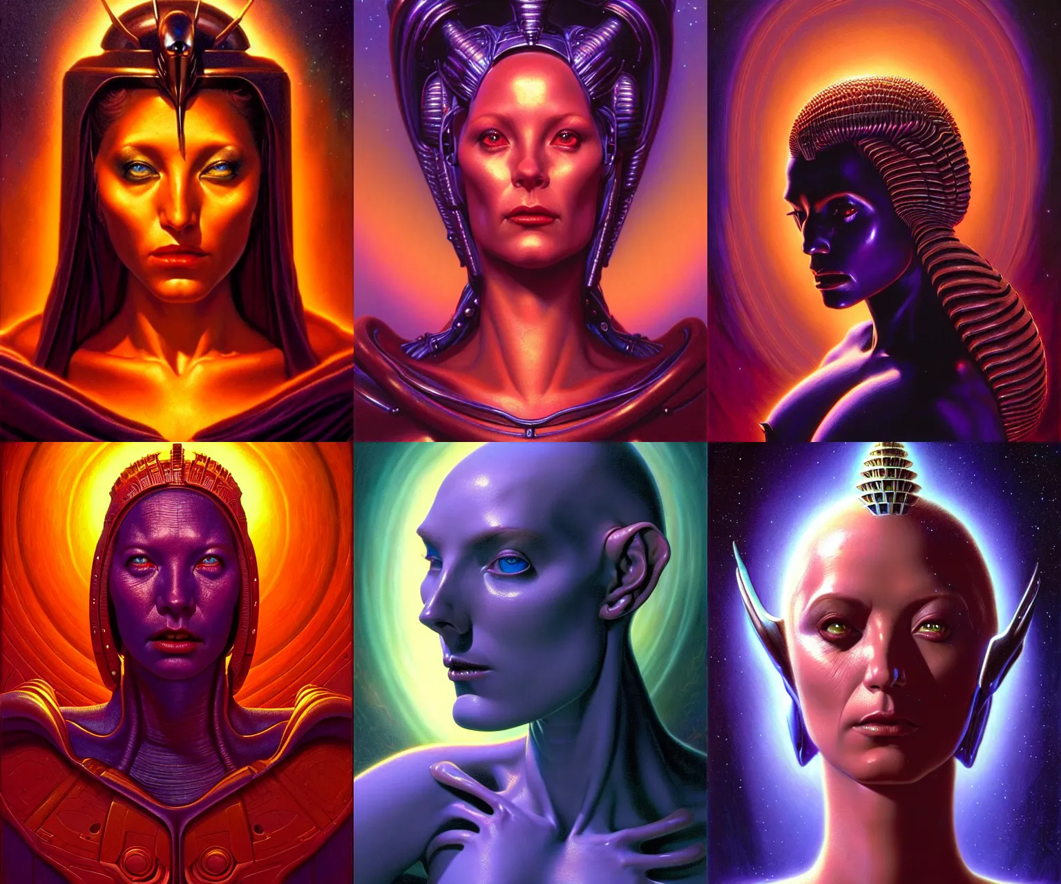 Prompt: cinematic bust portrait of alluring female extraterrestial queen, head and chest only, exotic alien features, Tim Hildebrandt, Wayne Barlowe, Bruce Pennington, donato giancola, ralph horsley, oil on canvas, masterpiece, trending on artstation, featured on pixiv, cinematic composition, dramatic pose, beautiful lighting, sharp, details, hyper-detailed, HD, HDR, 4K, 8K