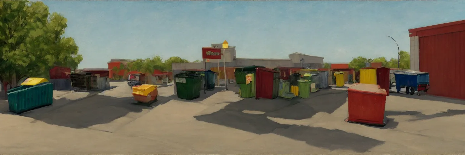 Image similar to Dumpsters by the parking lot behind a Walmart in a North American suburban strip mall by Edward Hopper