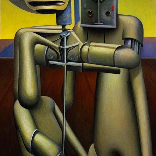 Prompt: robot overlords, grant wood, pj crook, edward hopper, oil on canvas