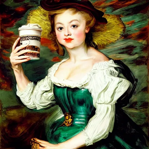 Prompt: heavenly summer sharp land sphere scallop well dressed lady drinking a starbucks coffee paper cup, auslese, by peter paul rubens and eugene delacroix and karol bak, hyperrealism, digital illustration, fauvist, starbucks coffee cup green logo