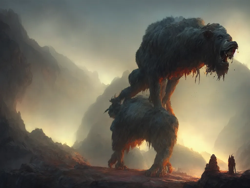 Prompt: enormous angry prehistoric cave bear in a nightmarish landscape, monster concept art, matte painting, trending on artstation, dynamic lighting, vibrant colors, painted by even amundsen and greg rutkowski