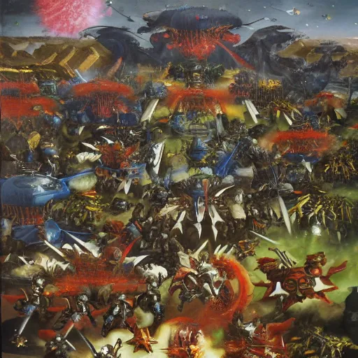 Prompt: , warhammer 4 0 k space @ marines in a heated battle, in the style of the garden of earthly delights painting by jerome bosch