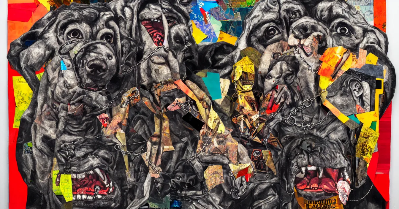 Image similar to mad dog on a chain, collage, acrylic on canvas, street style, expressionism movement, breathtaking detailed, by blake neubert