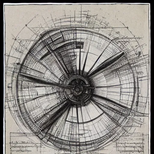 Image similar to leonardo da vinci color intricate full page scan blueprint of an environmental turbine machine, on paper, black ball pen style, :: ultra-detailed technical precision :: mixed media with white and silver lines, realistic composition, point of interest at golden ratio, light from right, more darkness on the bottom, monumentally art composition, high quality of sketching with subtle hairlines, highly detailed rounded forms, inside out and outside in, octane render