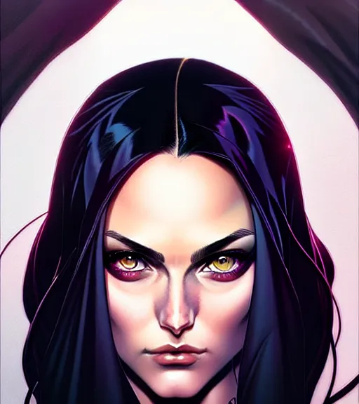 Image similar to artgerm, joshua middleton comic cover art, pretty friendly sweet kind phoebe tonkin eye of horus painted under one of her eyes, young, attractive, slim, she has very pale skin long black hair, she prefers to dress casually and she wears black clothing