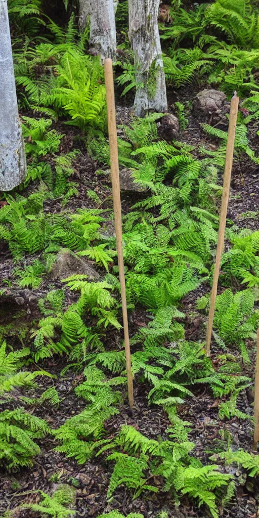 Image similar to tall and slender concrete rods emerge out of the gravel. Moss and ferns grow from holes in the rods. The rods are clustered very close together and stand straight and tall.