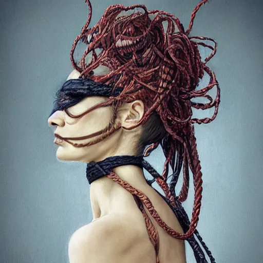 Image similar to portrait of a Shibari rope wrapped face and neck, headshot, insanely nice professional hair style, dramatic hair color, digital painting, of a old 15th century, old cyborg merchant, amber jewels, baroque, ornate clothing, scifi, realistic, hyperdetailed, chiaroscuro, concept art, art by Franz Hals and Jon Foster and Ayami Kojima and Amano and Karol Bak,