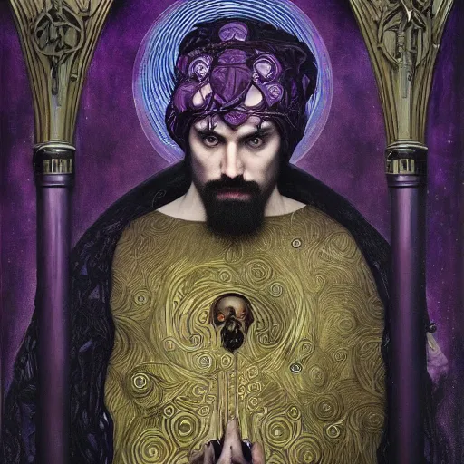 Prompt: middle aged man, in dark purple robes, occult , Tom bagshaw, sam spratt, Mayfield parish, Gustav Klimt, intricate, dark colors, art nouveau