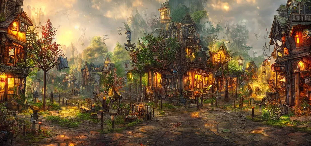 Prompt: Look of a steampunk village, full daylight, evening, cartoon moody scene, digital art, 8k, colorful details of lush nature covering the streets