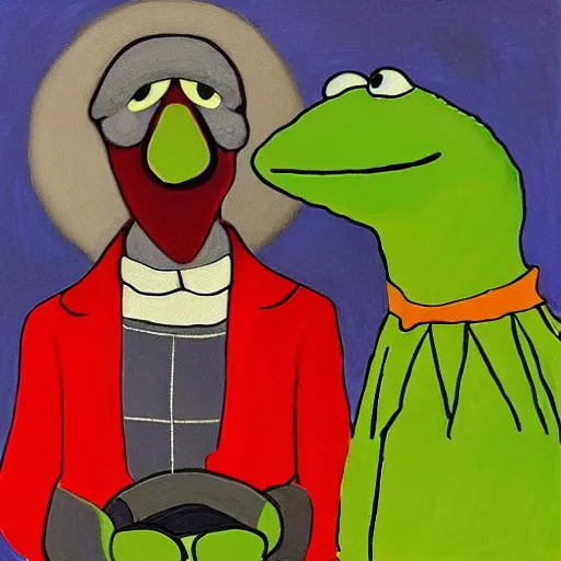 Image similar to kermit and elmo in the style of american gothic by grant wood