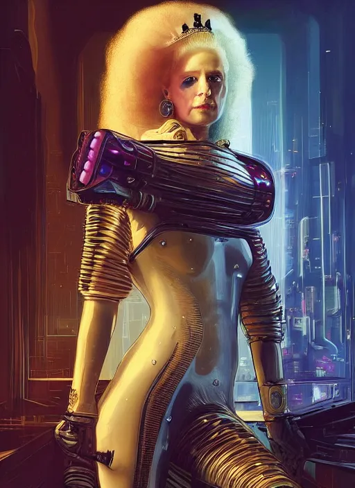 Image similar to portrait of queen elizabeth the second as a character in Cyberpunk 2077, looking at camera, intricate, dystopian, sci-fi, extremely detailed, digital painting, artstation, concept art, smooth, sharp focus, illustration, intimidating lighting, incredible art by artgerm and greg rutkowski and alphonse mucha and simon stalenhag