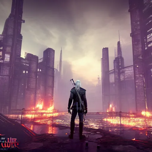 Prompt: the witcher in the style of cyberpunk, screenshot