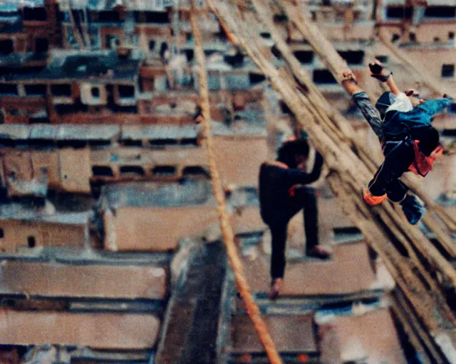 Image similar to lomo photo of roofjumpers climbing on roof of soviet hrushevka, small town, cinestill, bokeh, out of focus