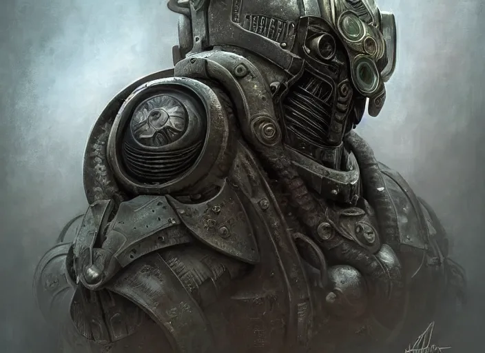 Image similar to mf doom with reptile eyes, insanely powerful fallout power armor, bioshock big daddy, intricate, elegant, highly detailed, centered, digital painting, artstation, concept art, smooth, sharp focus, illustration, artgerm, tomasz alen kopera, peter mohrbacher, donato giancola, joseph christian leyendecker, wlop, frank frazetta