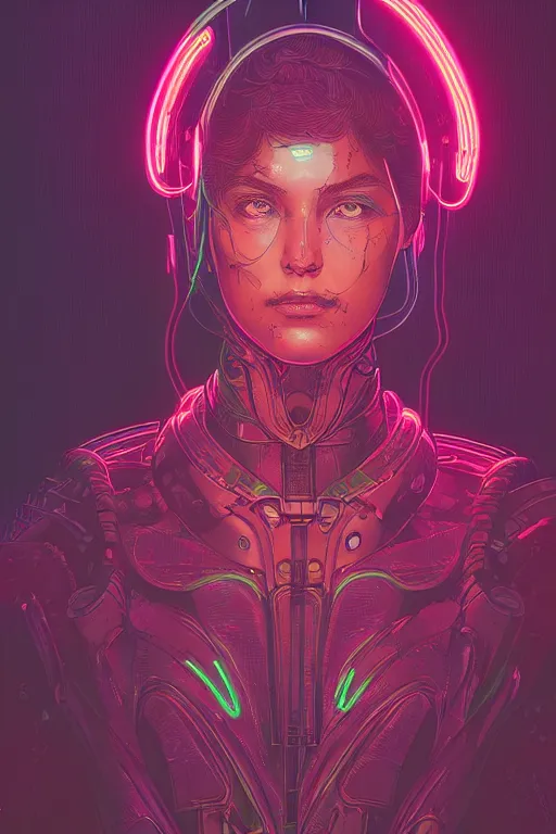 Prompt: portrait of a psychedelic girl with a biomechanic armor and neon light by Laurie Greasley and Greg Rutkowski and Gustave Doré, digital painting, highly detailed, trending on artstation