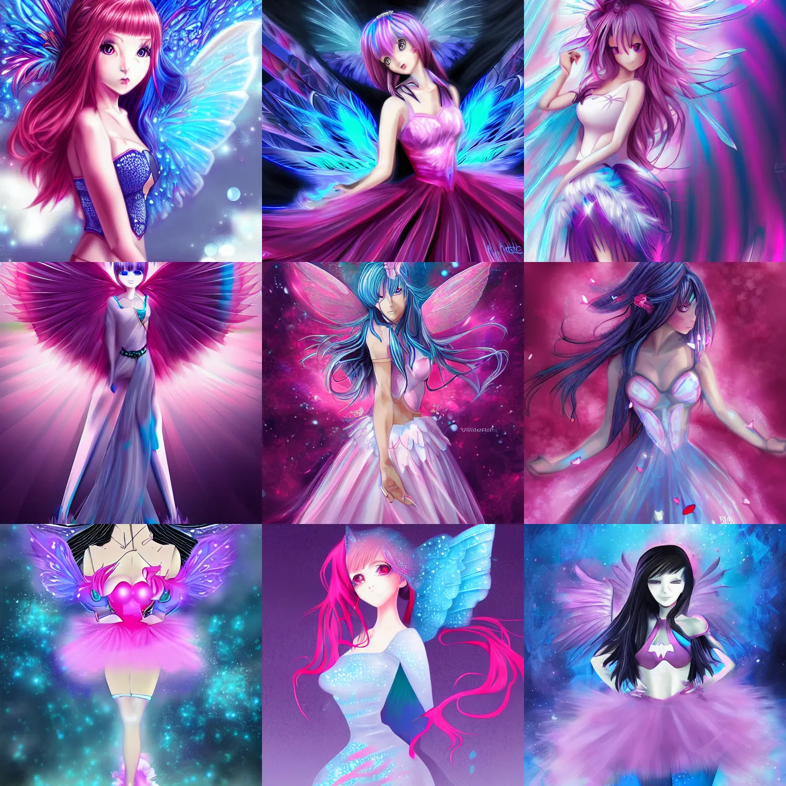 Prompt: animewoman, whitecorset, pinktutu, bluefairywings, digital art, fantasy art