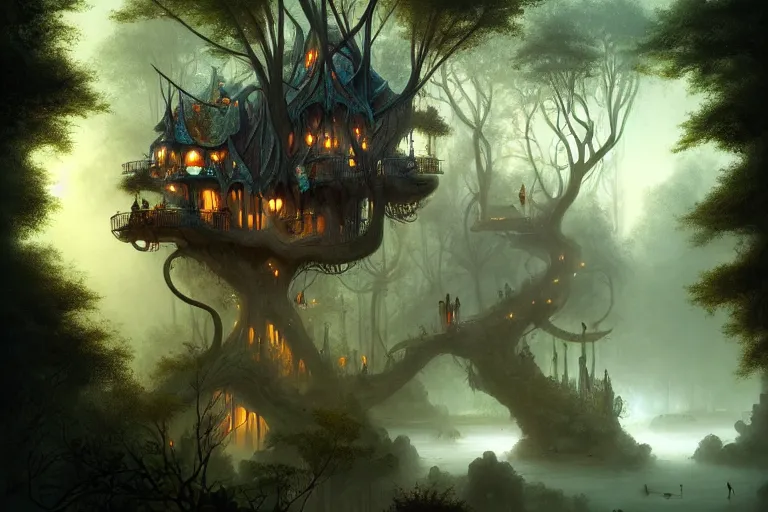 Image similar to treehouse with architecture from antonio gaudi in a deep mystical forest , lampoons, lake, waterfall, tall people walking and discussing, dynamic lighting, art by peter mohrbacher on artstation, mix with rivendell architecture, night mood
