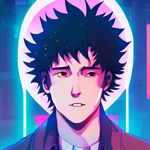 Prompt: portrait of spike spiegel, late night, city background, low-key neon lighting, 4k, HQ, official media, anime key visual, makoto shinkai, ilya kuvshinov, lois van baarle, rossdraws, detailed, trending on artstation