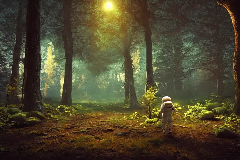 Prompt: An astronaut walking in an enchanted forest. Glowing mushrooms. Cinematic lighting. Photorealism.