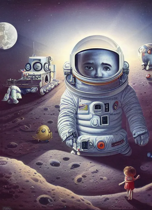 Image similar to highly detailed wide - angle portrait of a retro 1 9 6 0 s moon landing, nicoletta ceccoli, mark ryden, lostfish, earl nore, hyung tae, frank frazetta, global illumination, god rays, detailed and intricate environment