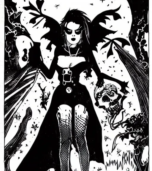 Prompt: portrait of Dc vertigo Death as a cutie goth girl by, Mike Mignola, chris bachalo, shaded ink illustration