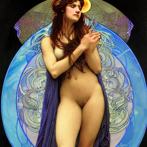 Image similar to awe-inspiring award-winning concept art nouveau painting of attractive figure called the goddess of the moonbow, darkness, by Alphonse Mucha, Michael Whelan, William Adolphe Bouguereau, John Williams Waterhouse, and Donato Giancola, cyberpunk, fierce, extremely moody lighting, glowing light and shadow, atmospheric, shadowy, cinematic, 8K,